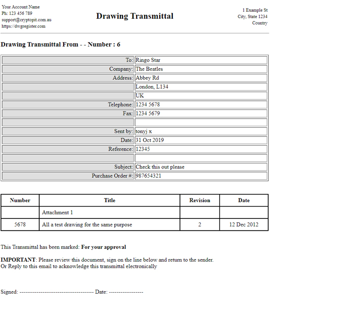 Printed Drawing Transmittal